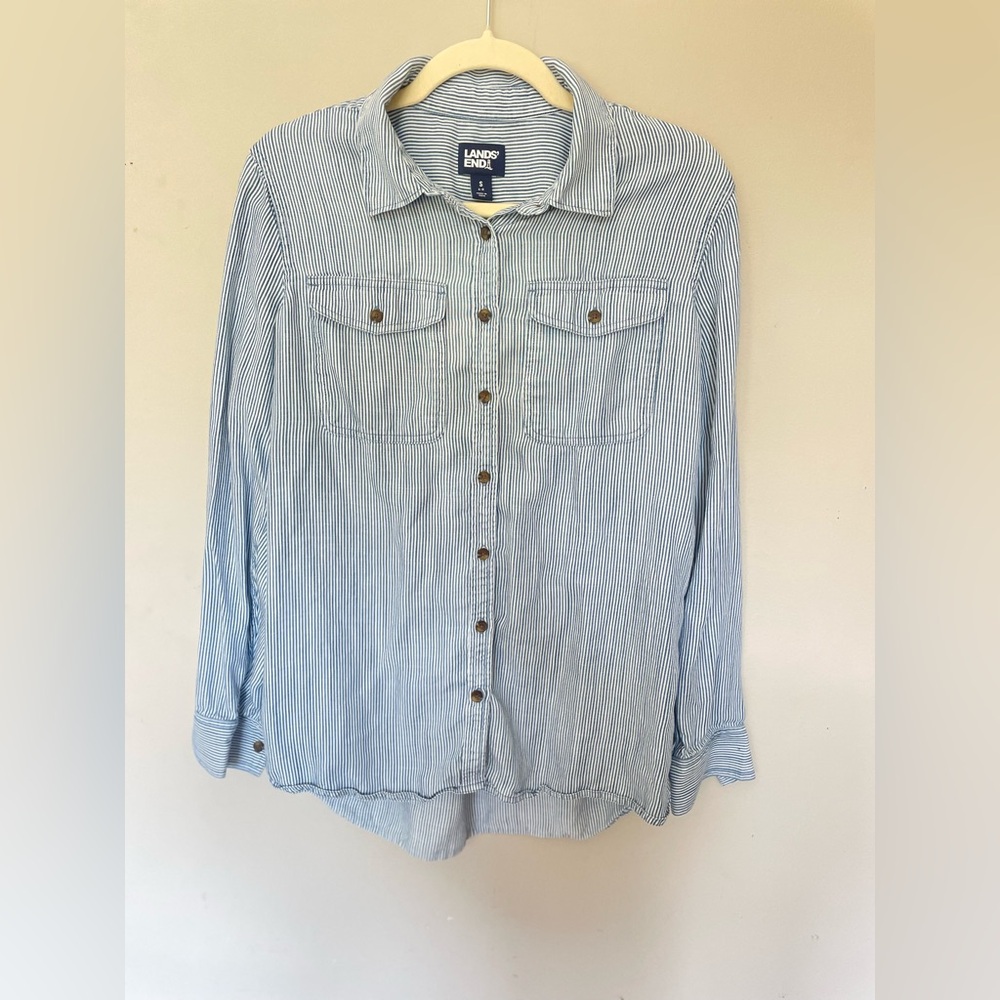Lands' End Navy and White Striped Shirt